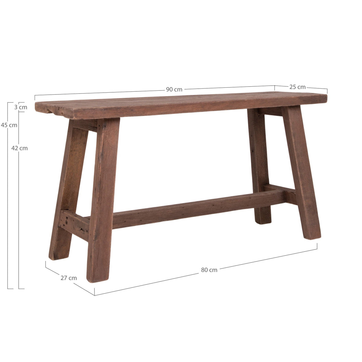 Banc en bois de teck massif, pieds inclinés, 90x25 cm