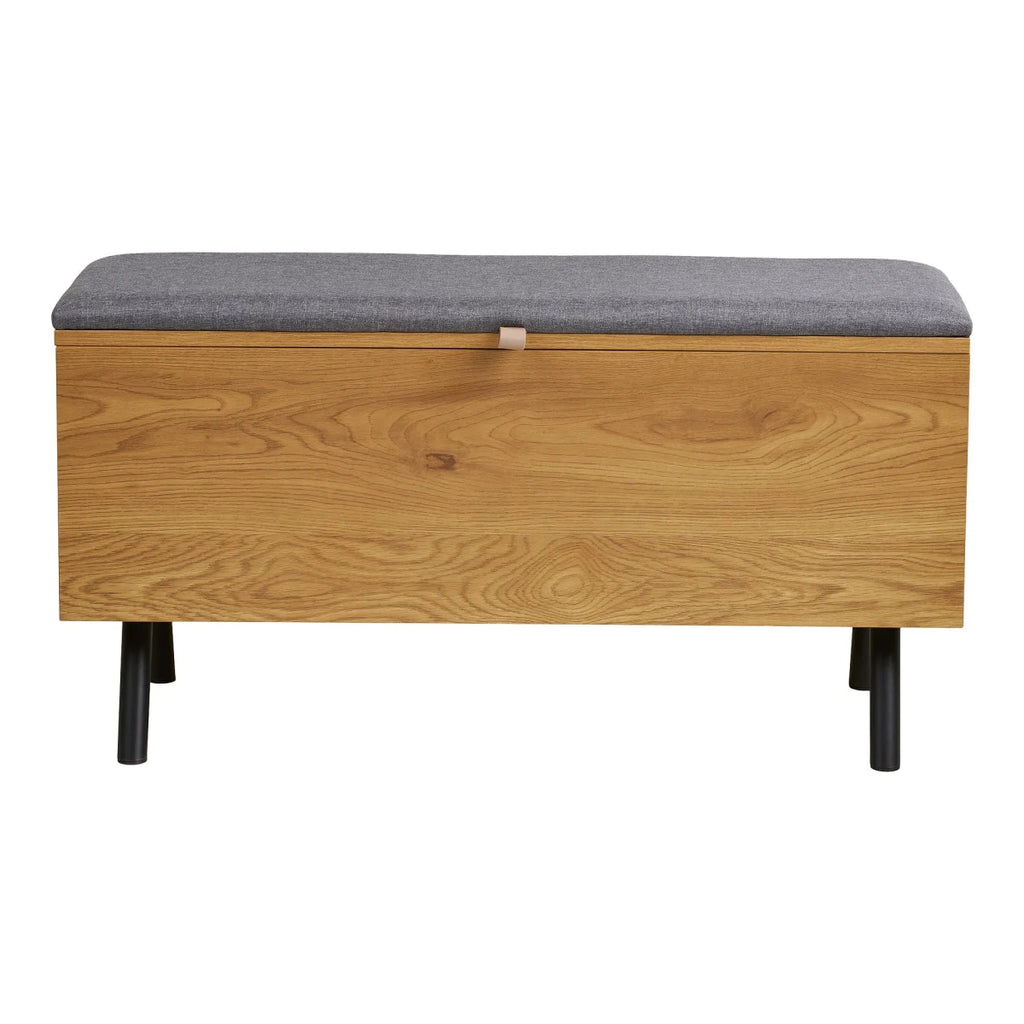 Banc coffre bois effet chêne, assise grise, pieds noirs 92x33 cm