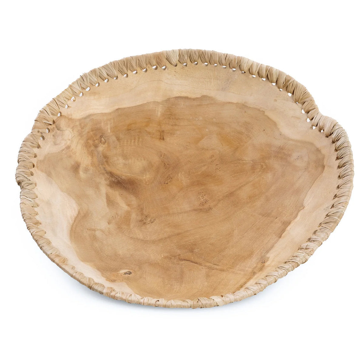 Bol décoratif en bois de teck naturel avec bord tressé en raphia, Ø30 cm