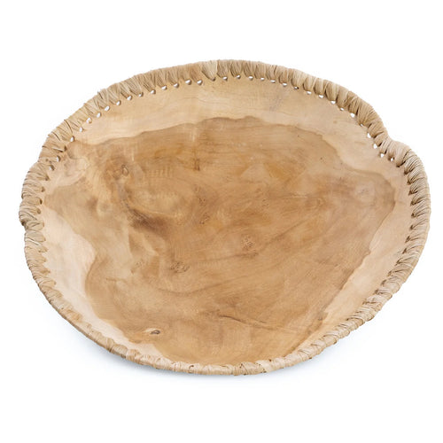 Bol décoratif en bois de teck naturel avec bord tressé en raphia, Ø30 cm