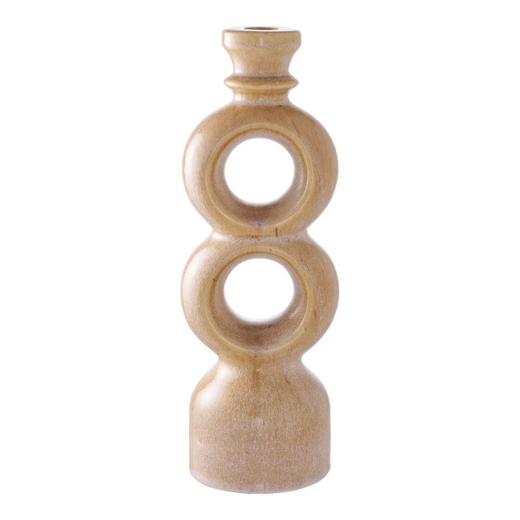 Bougeoir en céramique beige effet bois forme totem ajouré pour bougie fine