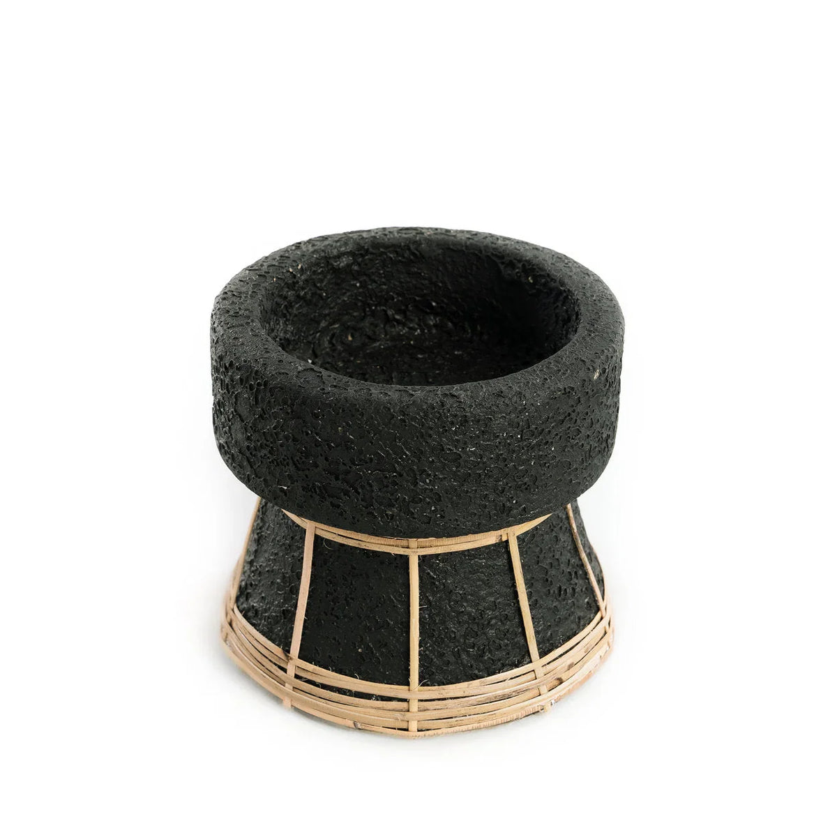 Bougeoir en terre cuite et rotin noir 12 cm avec mortier de pierre volcanique noire