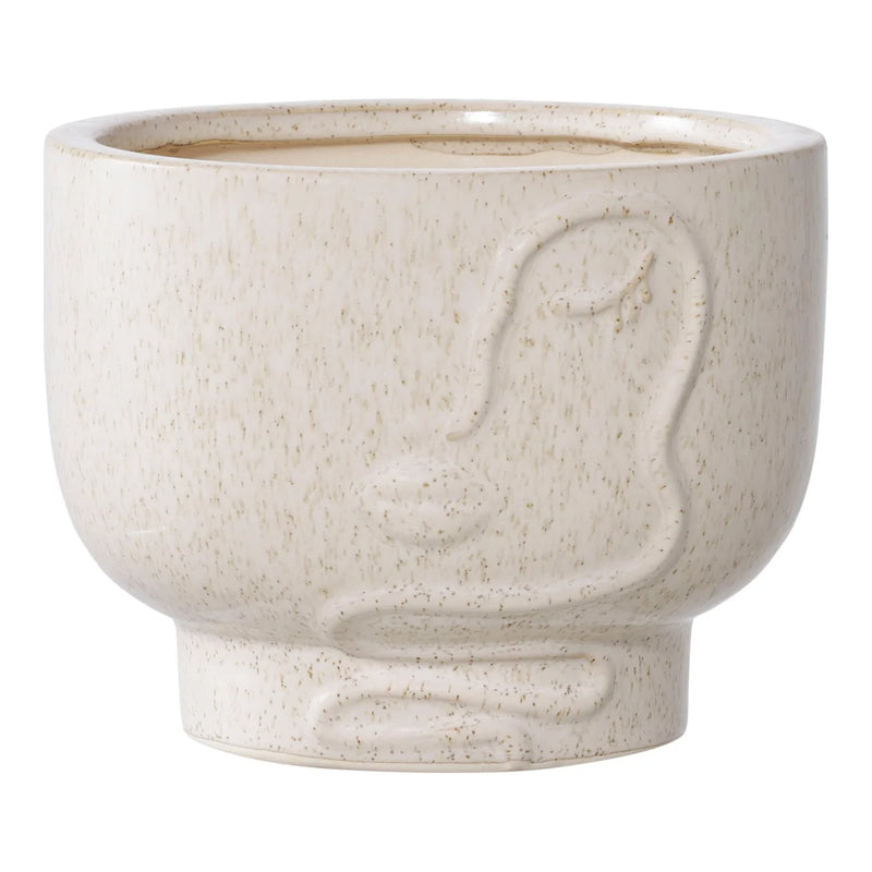 Cache-pot rond en céramique beige mouchetée avec visage en relief