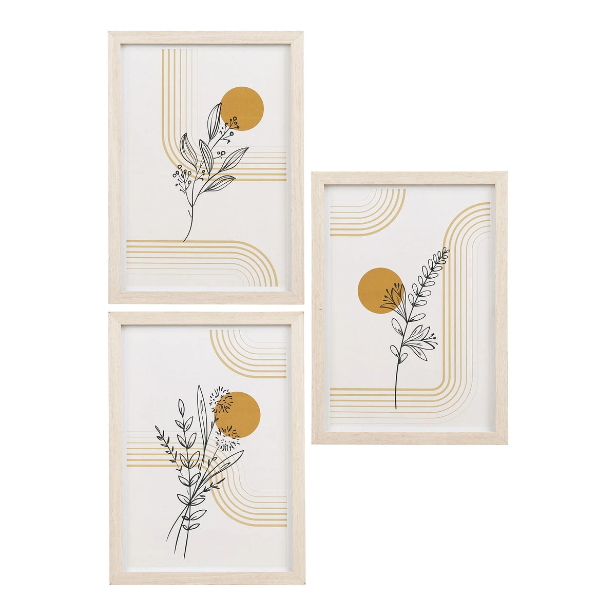 Set de 3 cadres déco murale bois clair motifs graphiques botaniques