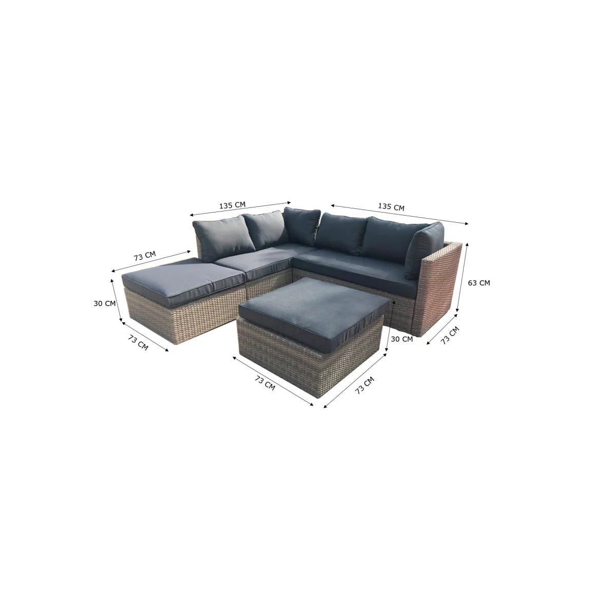Canapé d’angle extérieur en résine tressée grise avec coussins anthracite, set de 4