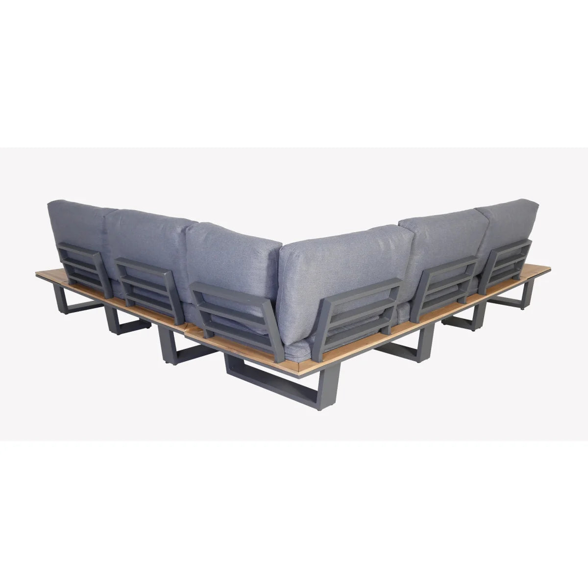 Canapé d’angle de jardin gris en métal anthracite et bois naturel avec table, set de 3