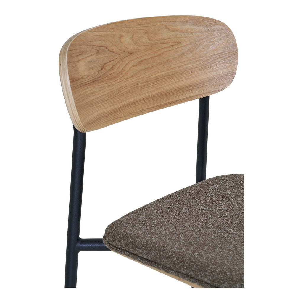 Set de 2 chaises de comptoir bois clair, tissu gris texturé, pieds métal noir