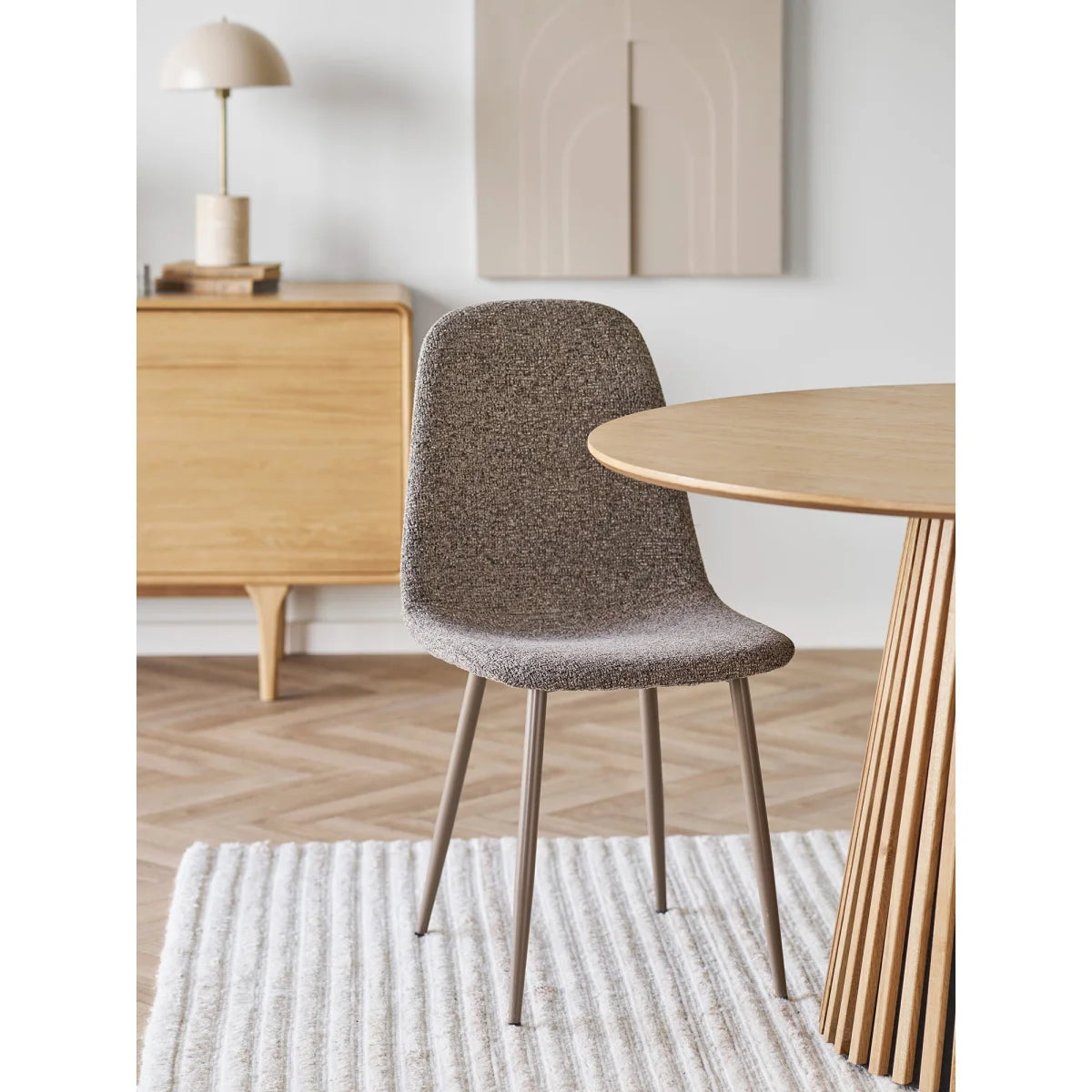 Chaise bouclée taupe beige pieds métal, set de 2, tissu gris texturé