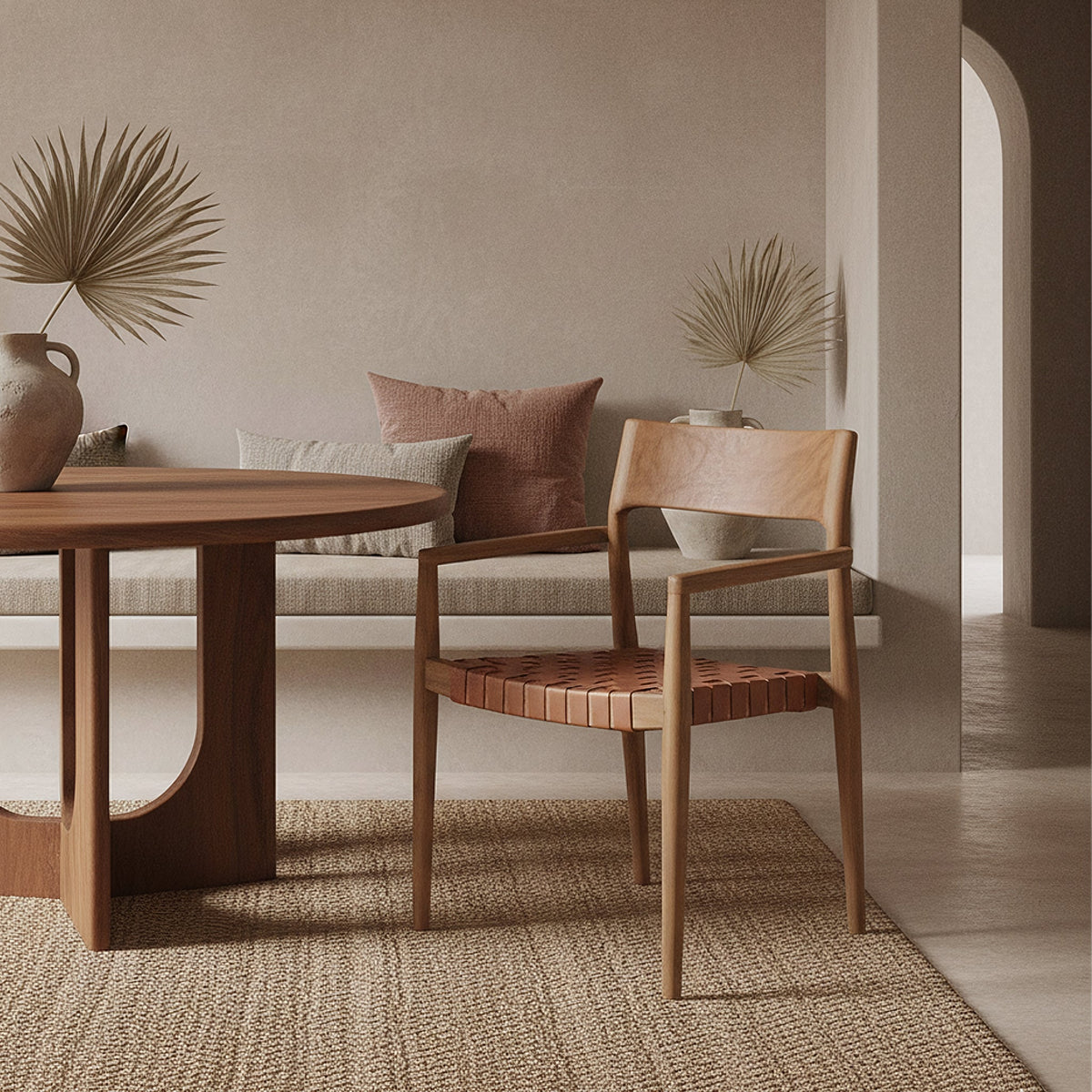 Chaise de salle à manger en teck et cuir tressé naturel avec accoudoirs, lot de 2