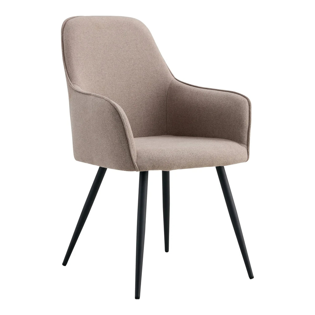 Chaise de salle à manger en tissu taupe avec accoudoirs et pieds métal noir – Set de 2