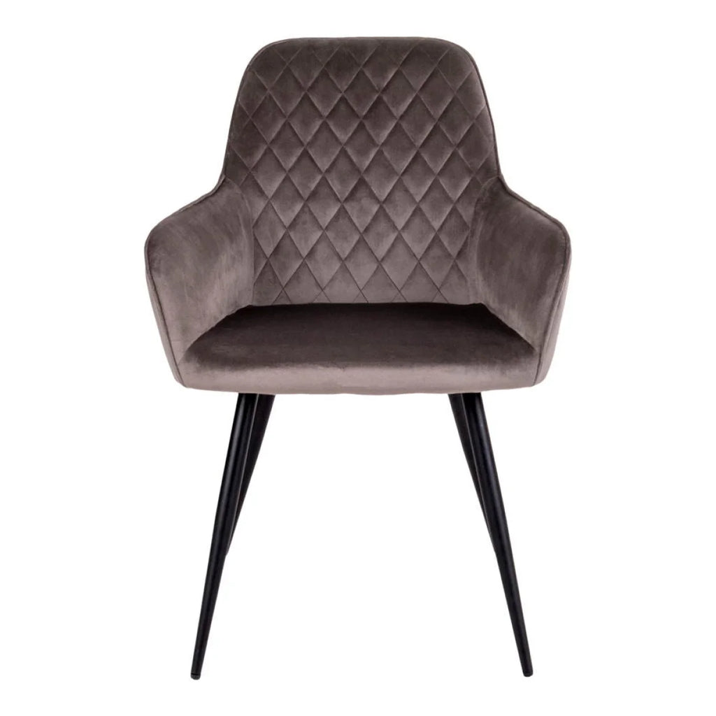 Chaise en velours taupe matelassé, pieds métal noir, set de 2