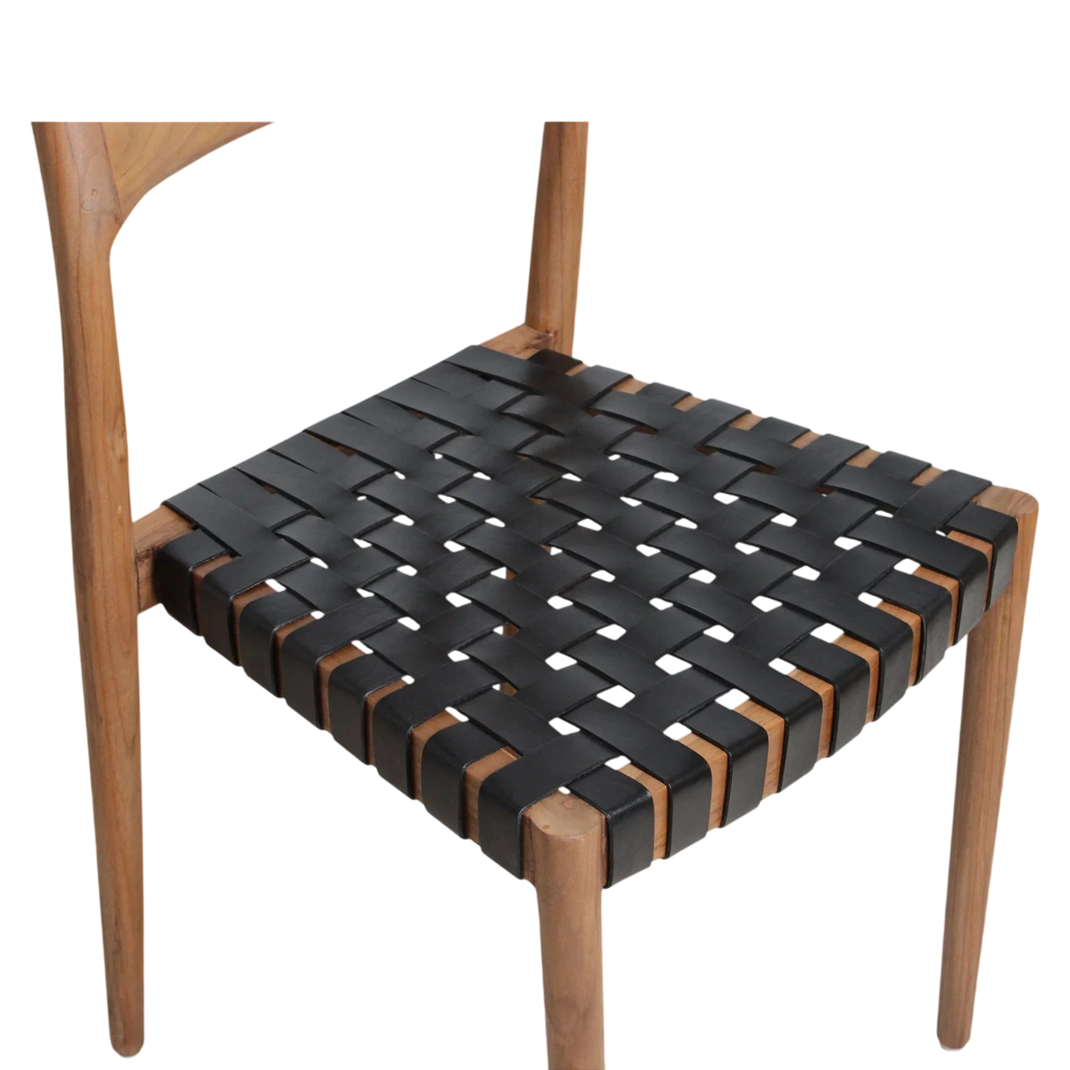 Chaise en teck avec assise tressée en cuir noir, lot de 2 pour salle à manger