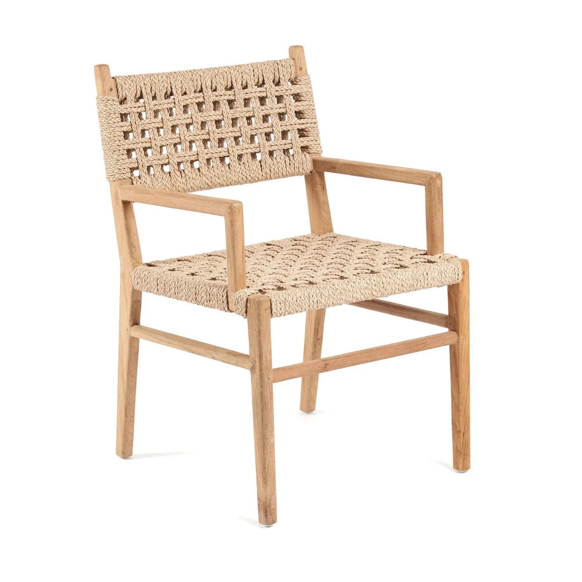 Chaise en teck recyclé avec siège et dossier en corde tressée naturelle avec accoudoirs