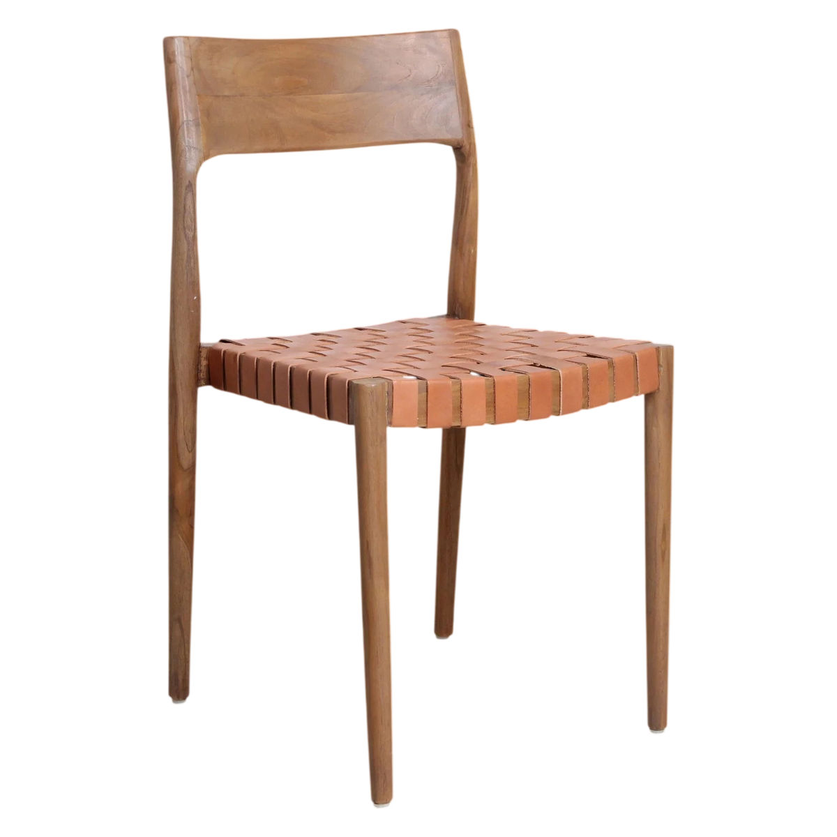 Chaise minimaliste en teck et cuir tressé cognac, lot de 2