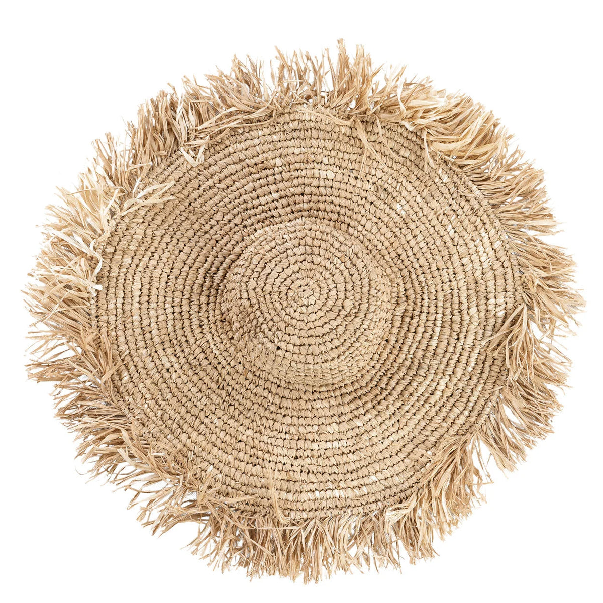 Chapeau à large bord en raphia naturel tressé frangé beige
