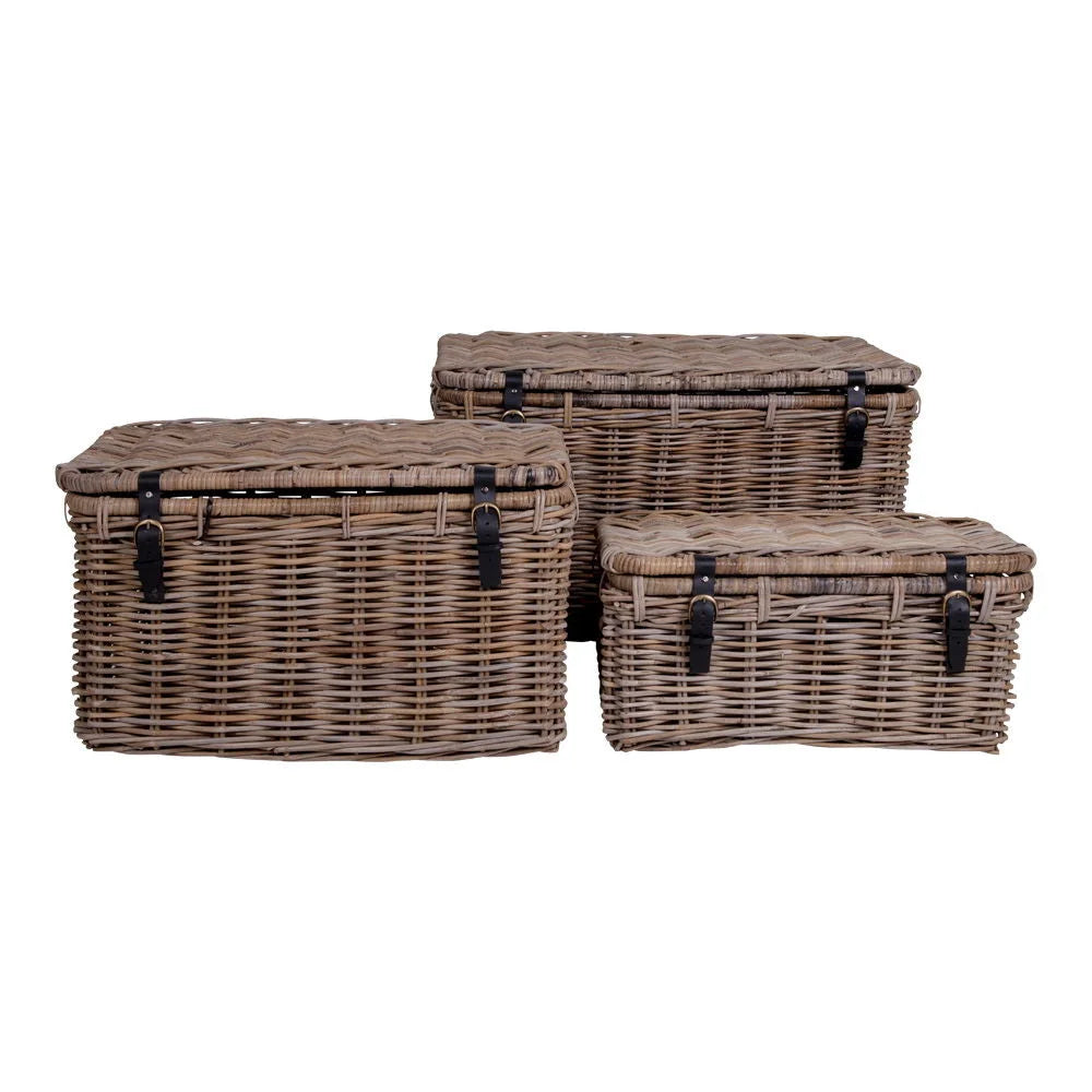 Lot de 3 coffres en rotin kubu gris avec poignées en cuir