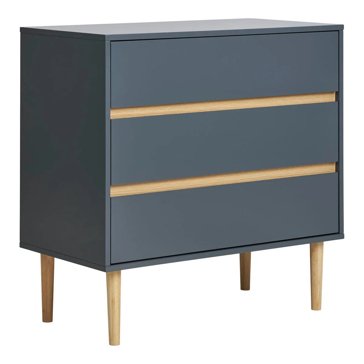 Commode 3 tiroirs gris moderne, accents bois clair, pieds coniques 80x40 cm