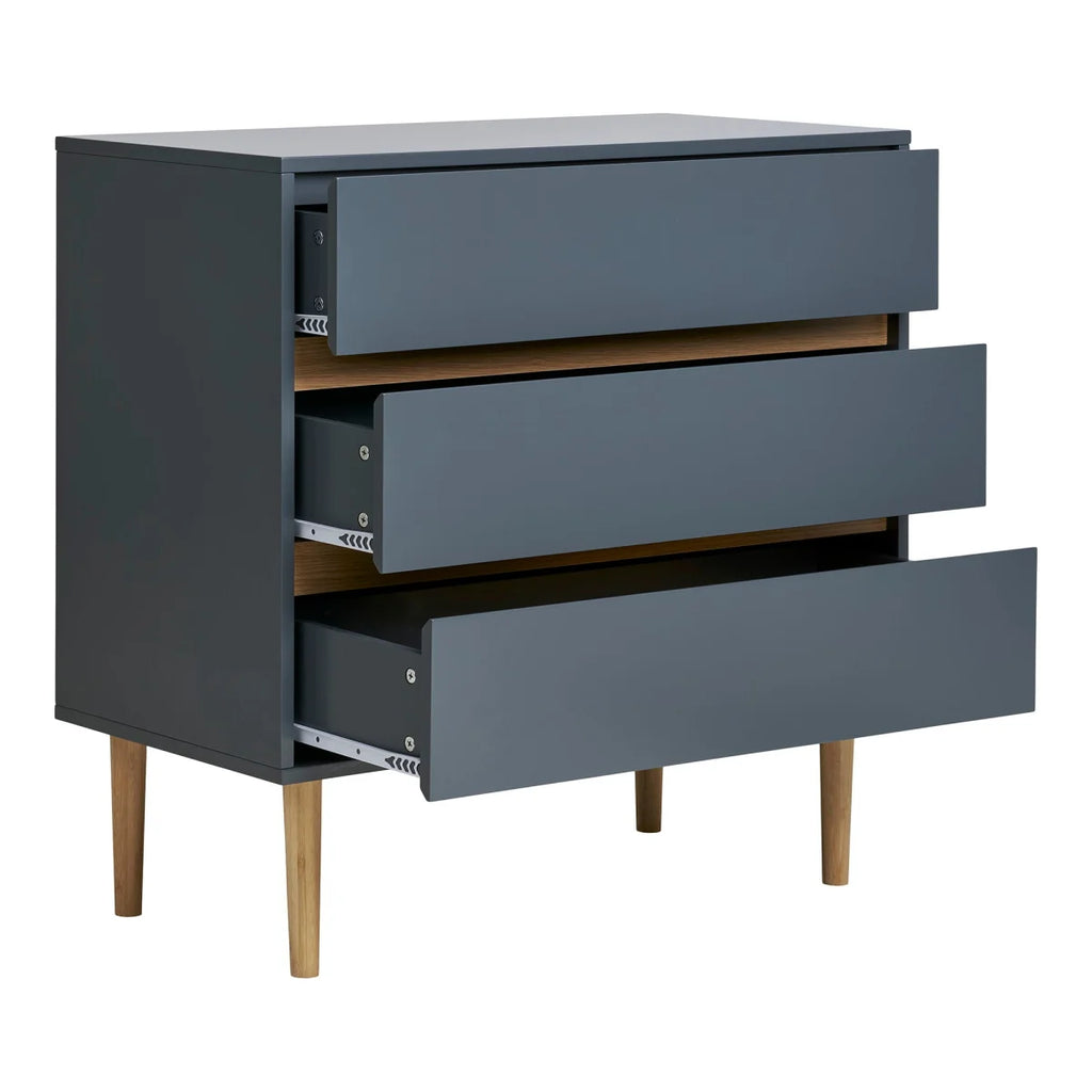 Commode 3 tiroirs gris clair, accents bois, pieds clairs, 80x40 cm