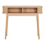 Console 2 tiroirs en bois naturel, côtés courbés, rainures verticales, 100x30 cm