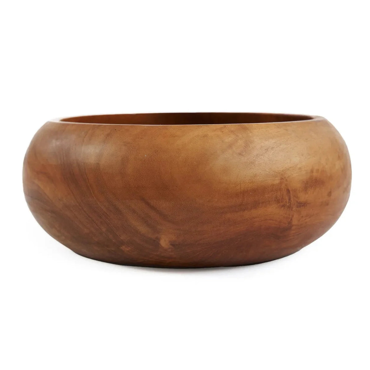 Coupe décorative ronde en bois de teck massif, finition ambrée lisse