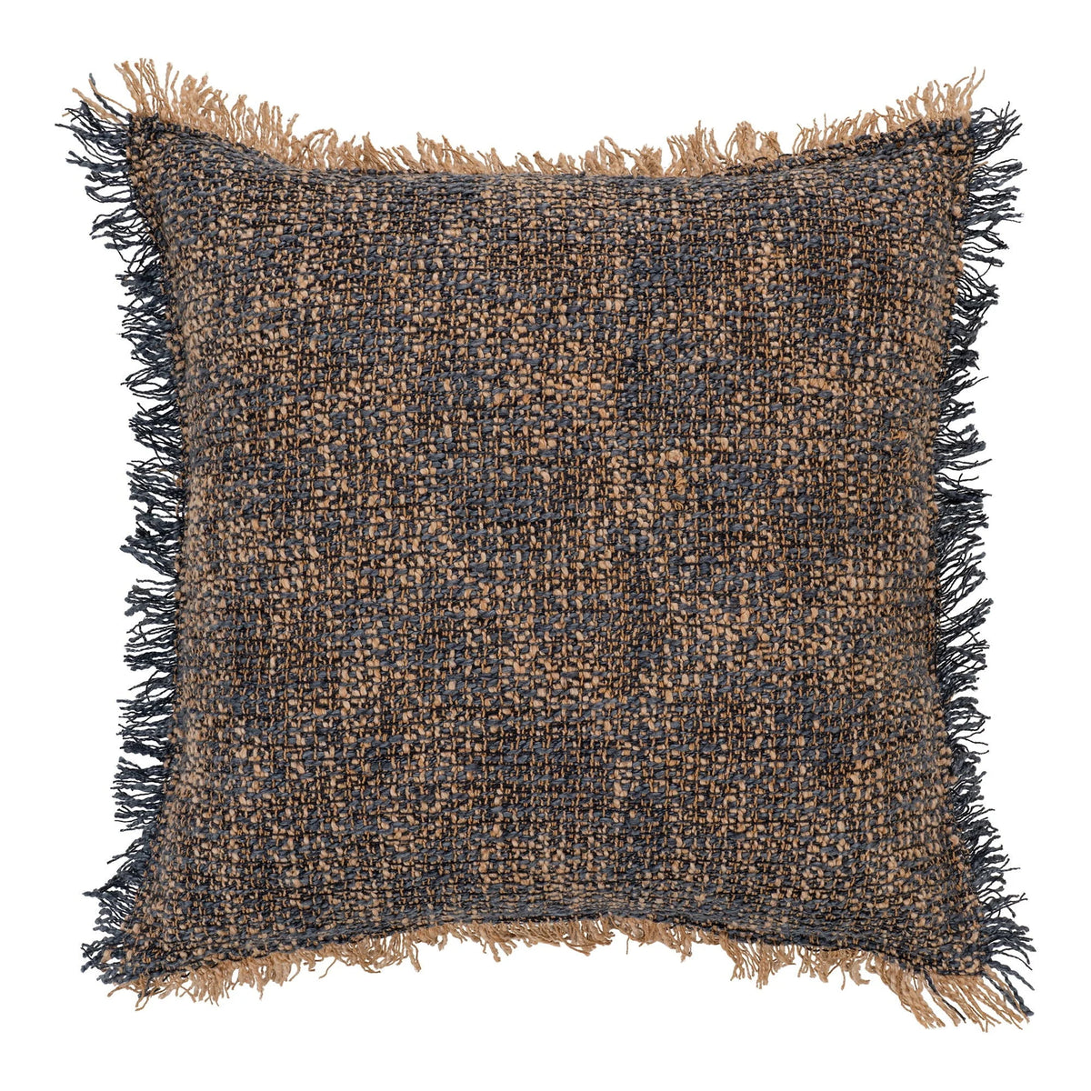 Coussin carré tressé bleu et brun avec franges pour la décoration intérieure