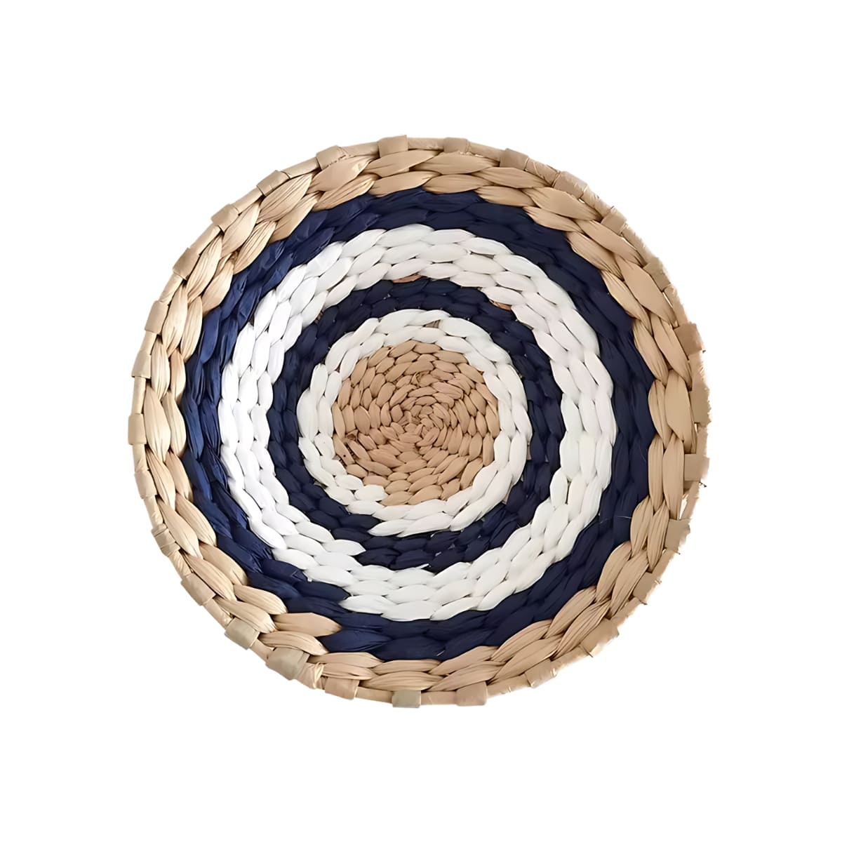 Déco murale en rotin rond bleu blanc