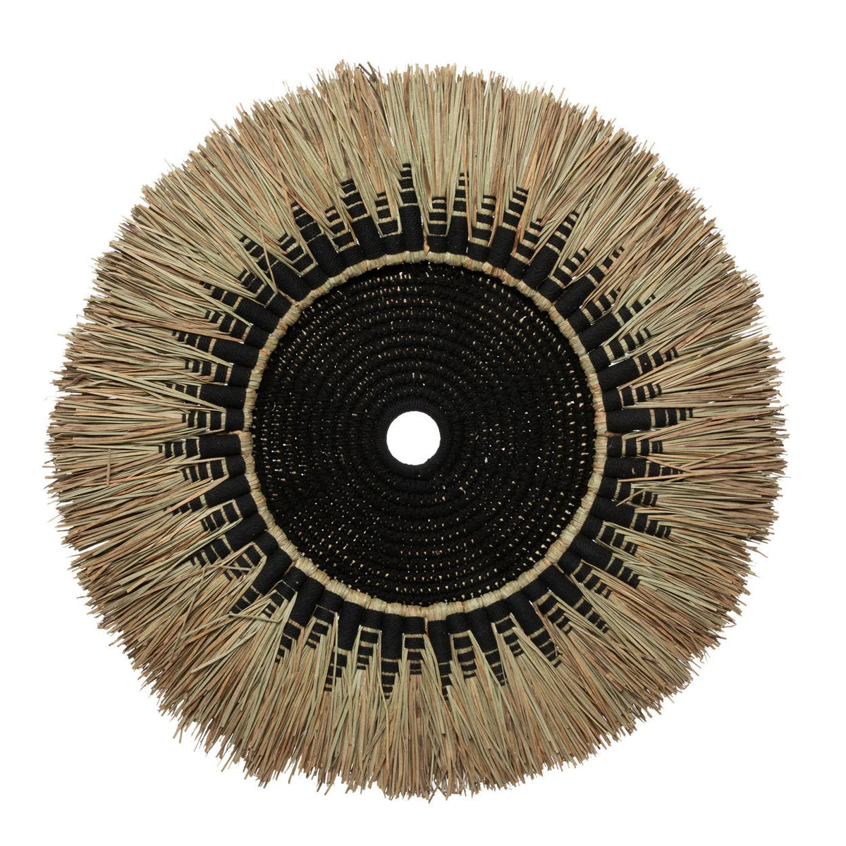Panier rond noir en tressage avec frange en fibre naturelle pour décoration murale