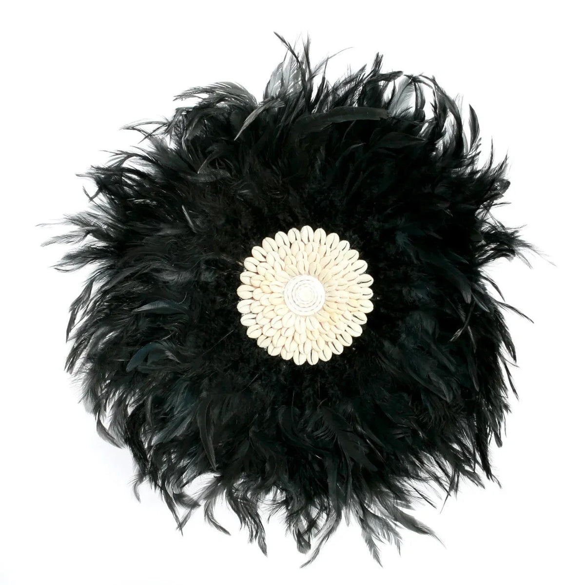 Décoration murale ronde en plumes noires avec coquillage naturel au centre Ø50 cm