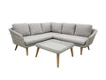 Ensemble salon d’angle extérieur gris 3 pièces avec table basse en osier