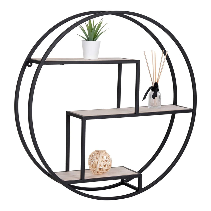 Étagère murale ronde en métal noir et bois naturel – Ø62 cm