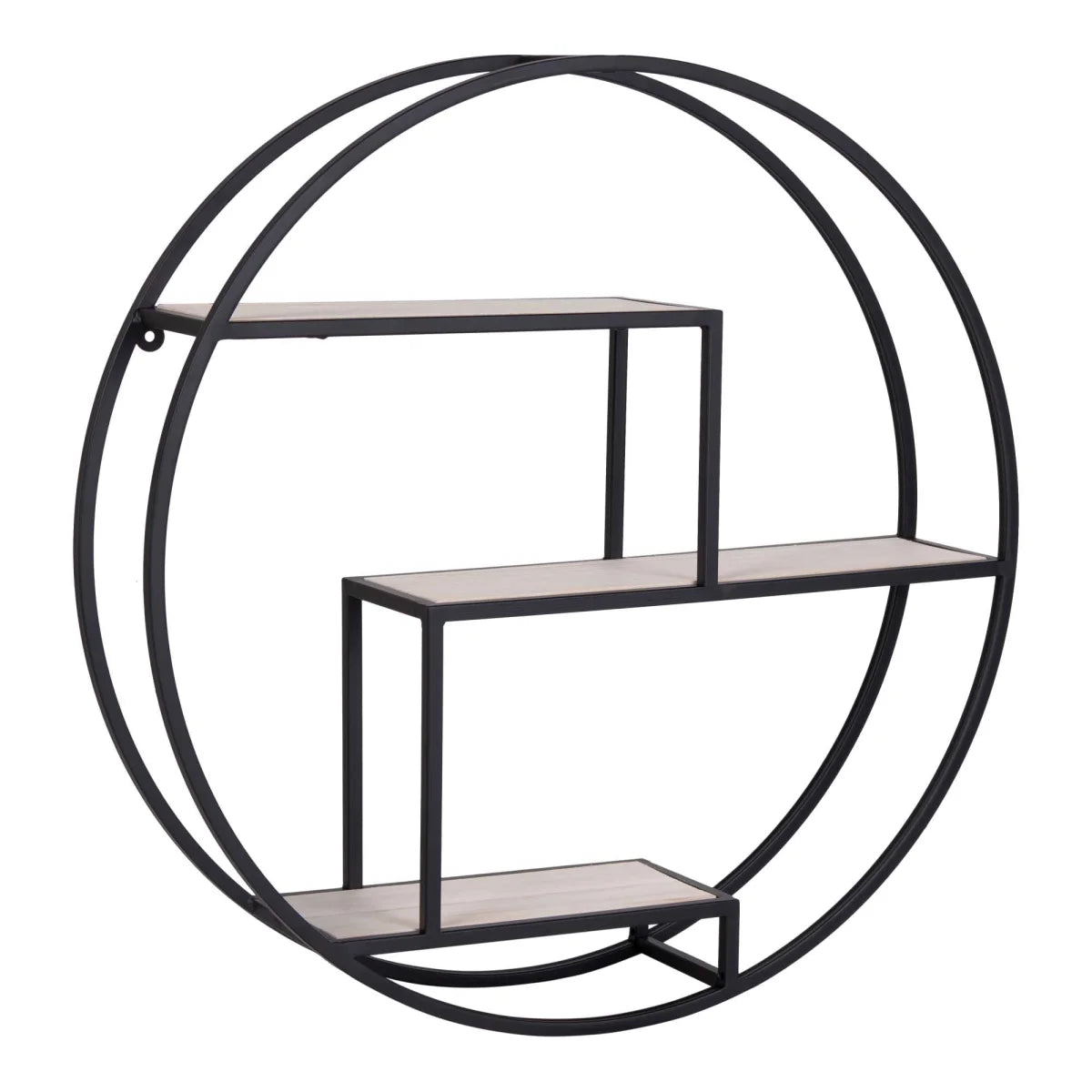 Étagère murale ronde en métal noir et bois naturel, 3 niveaux, Ø62 cm
