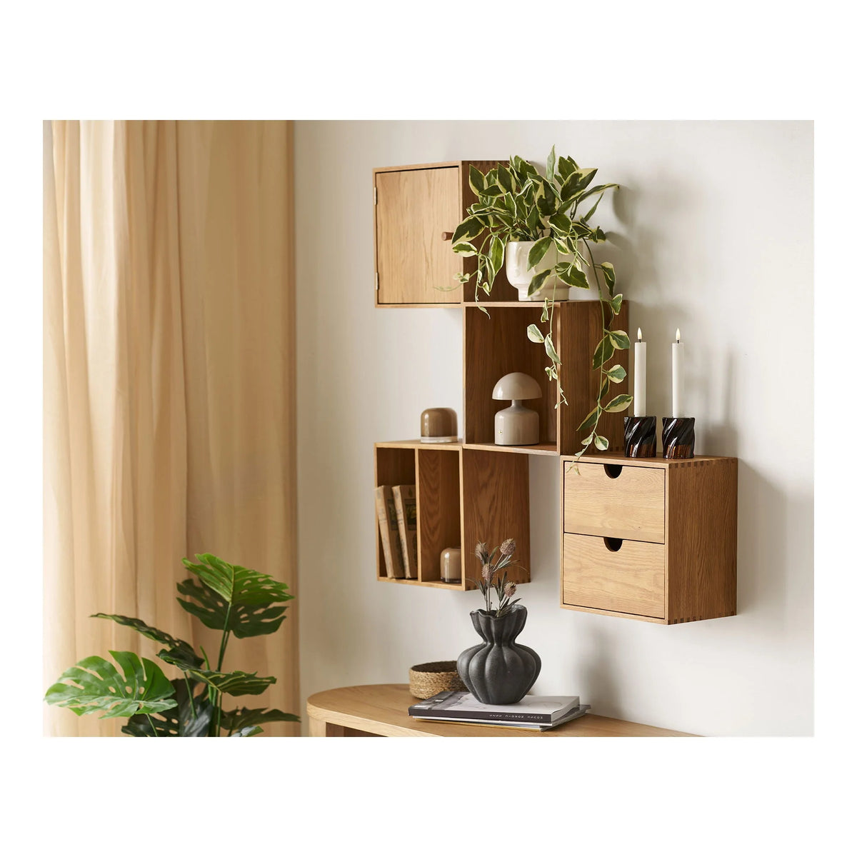 Étagère murale modulaire en chêne clair avec casiers ouverts et tiroirs, lot de 4, 30x18 cm