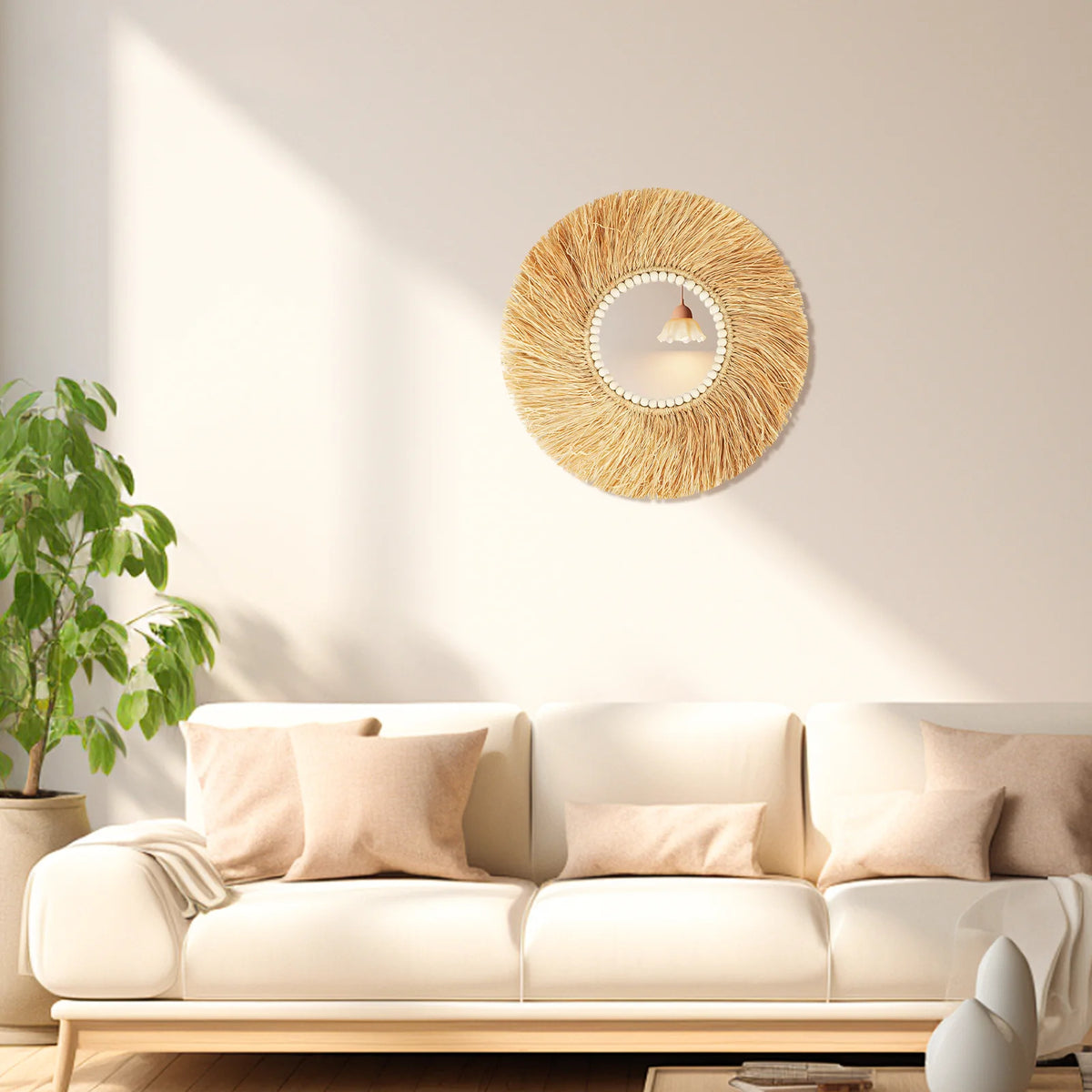miroir en raphia avec perles de bois