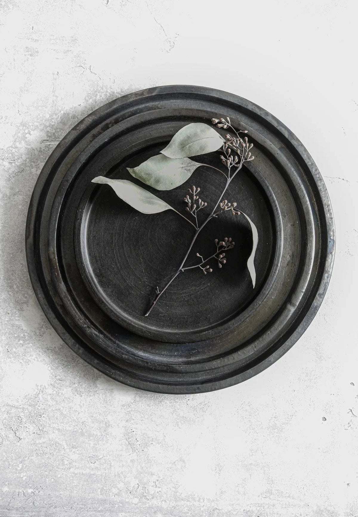 Plateaux décoratifs noirs en terre cuite brûlée avec feuilles et petits bourgeons