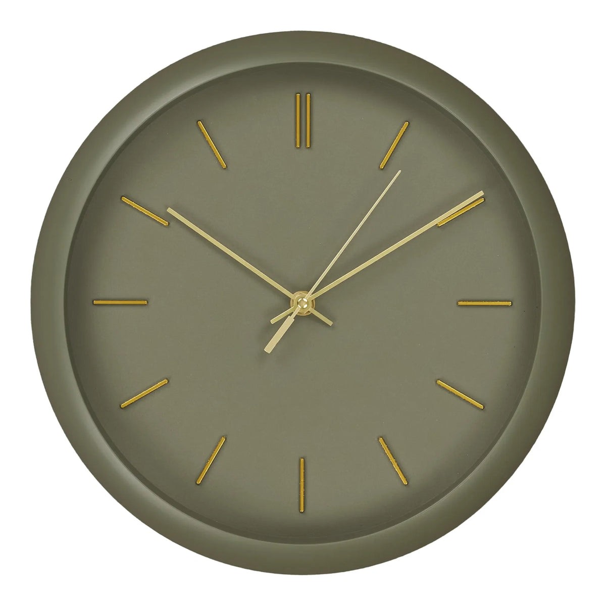 Horloge murale ronde en métal vert kaki avec aiguilles dorées Ø30 cm