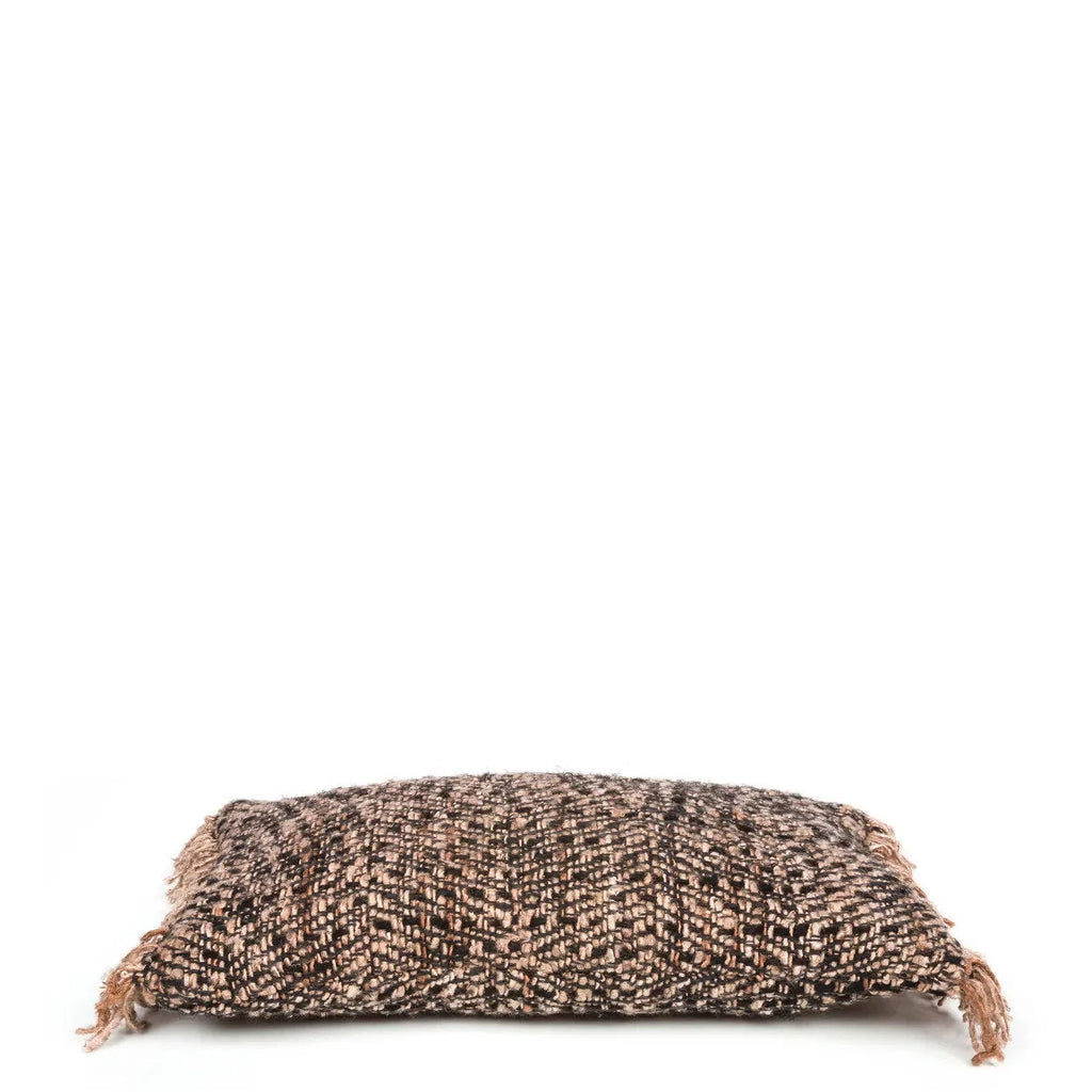 Coussin en coton noir cuivre à franges avec motif marron et blanc, 30x50 cm