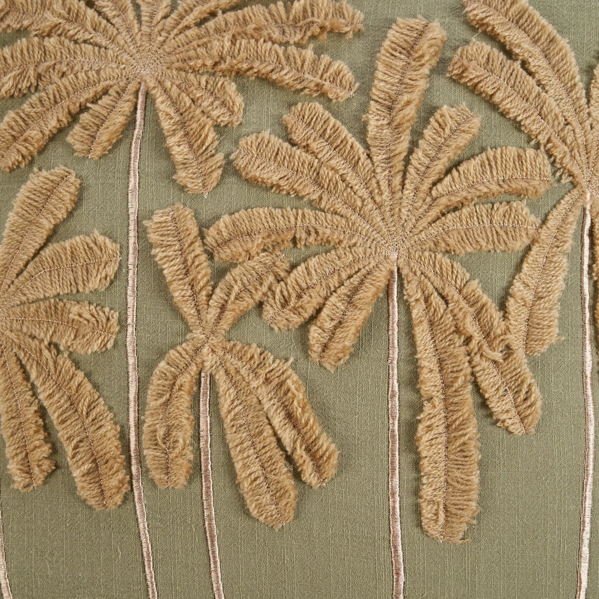 Housse de coussin coton vert olive avec palmiers brodés et franges