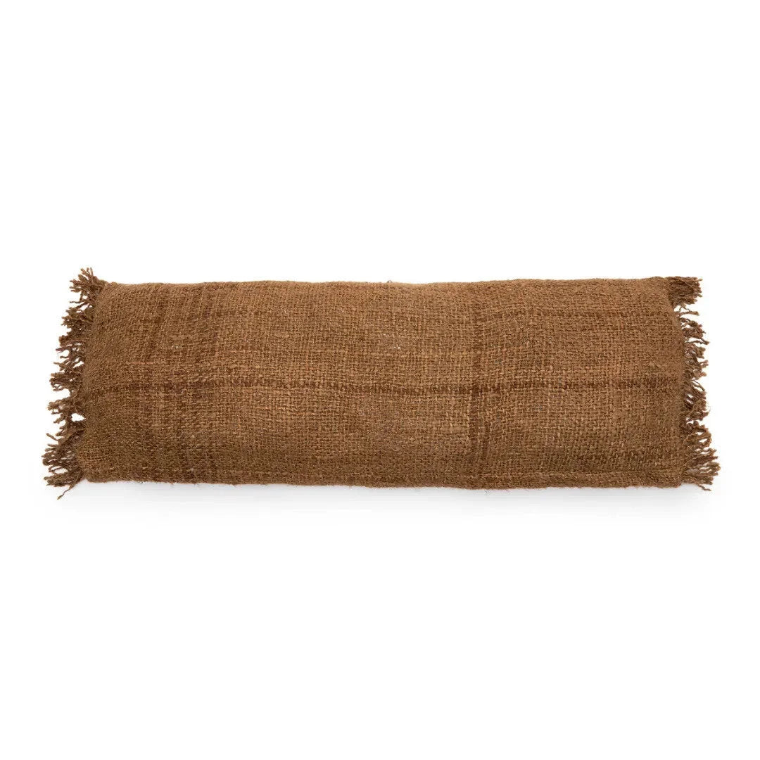 Housse de coussin rectangulaire marron en coton avec franges, 35x100 cm