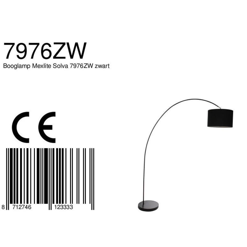 Lampadaire arc noir avec abat-jour tissu cylindrique et base ronde, hauteur 185 cm