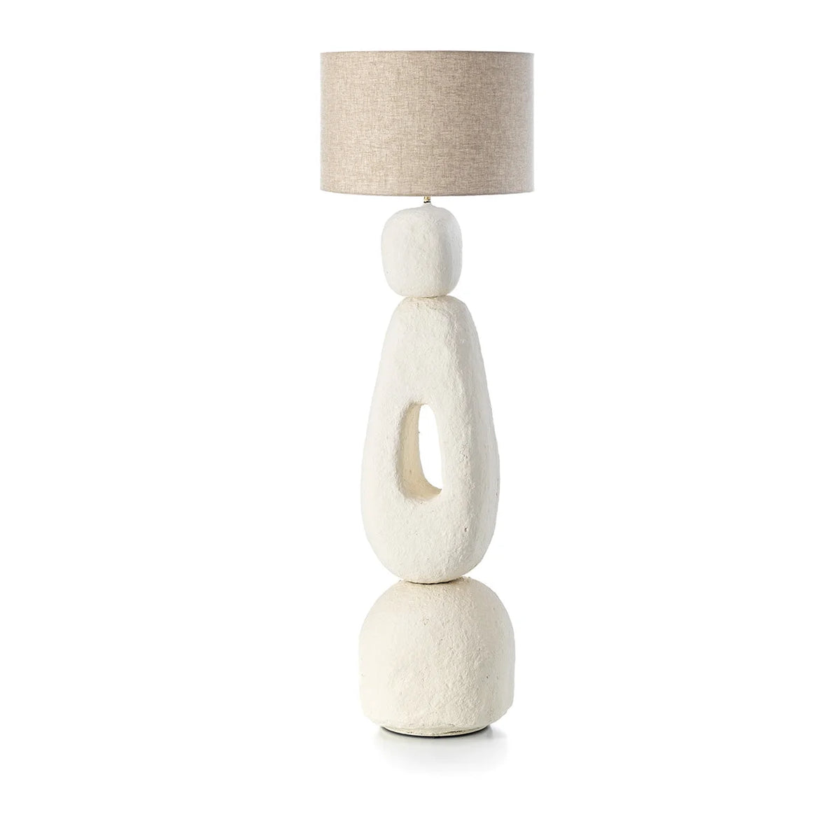 Lampadaire sculptural blanc papier mâché XL H123 cm avec abat-jour beige