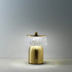 Lampe champignon en laiton brossé, verre strié et franges de cristaux, H16 cm