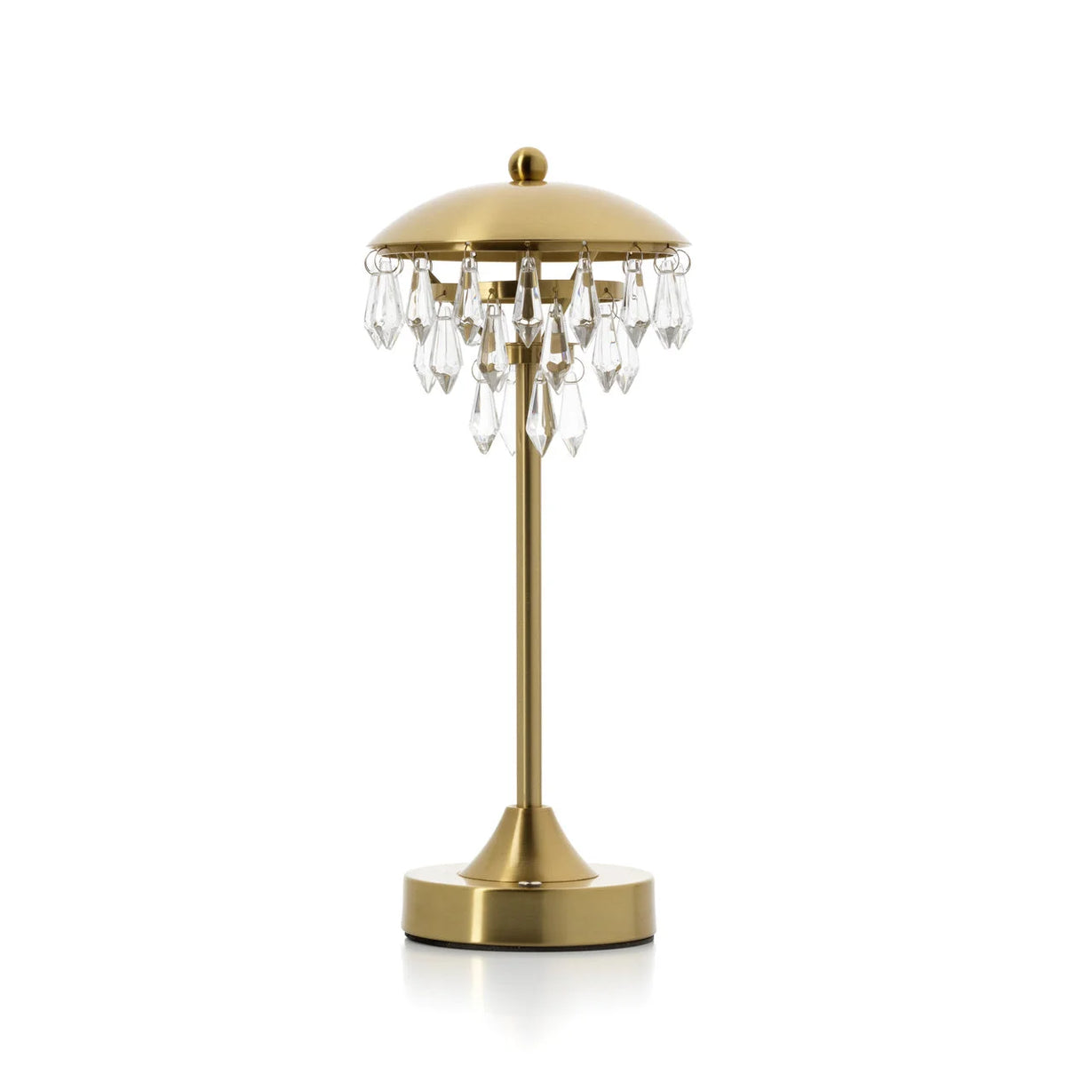 Lampe de table en laiton doré avec abat-jour dôme et pampilles en verre, H33 cm