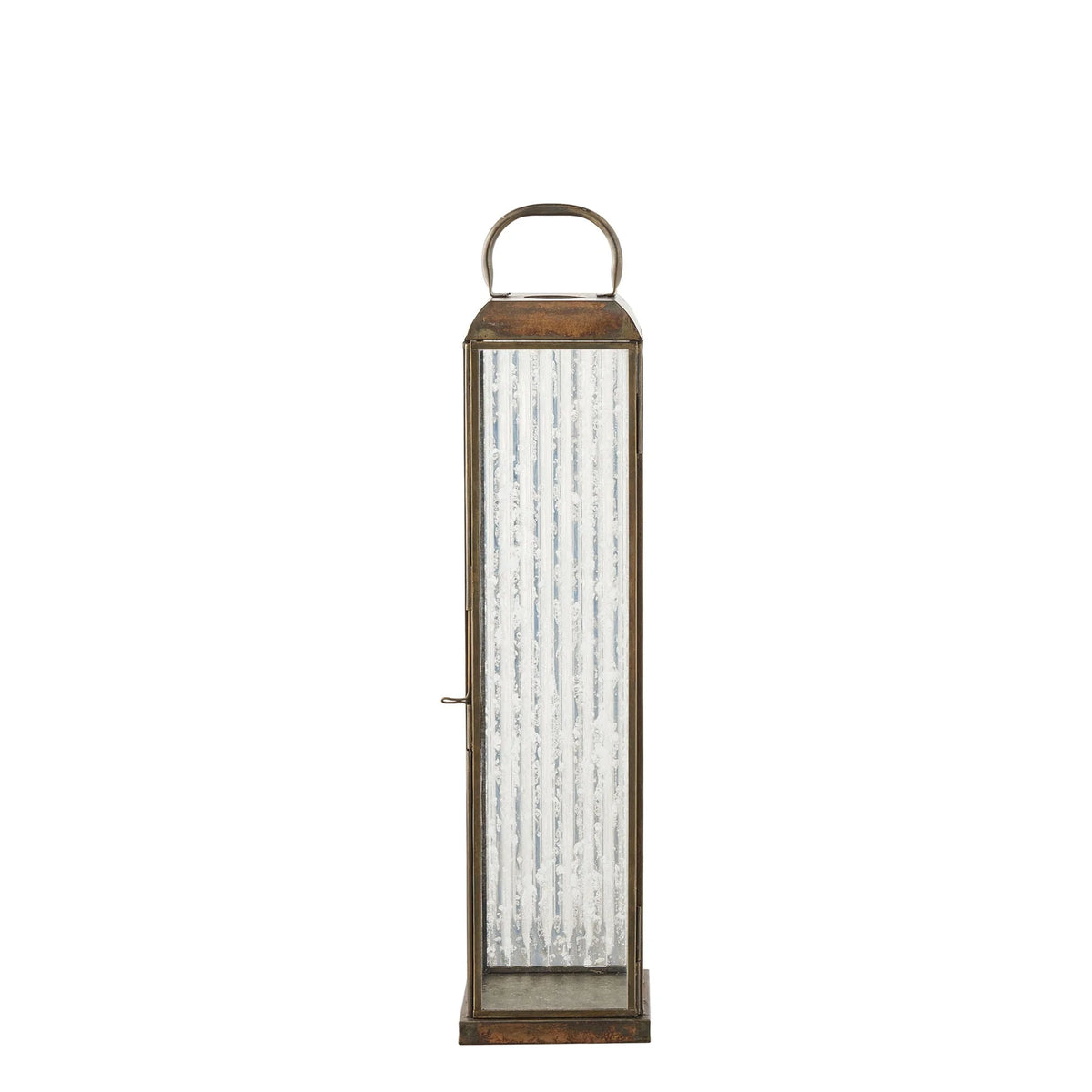 Lanterne en métal vieilli et verre strié avec anse, hauteur 49 cm