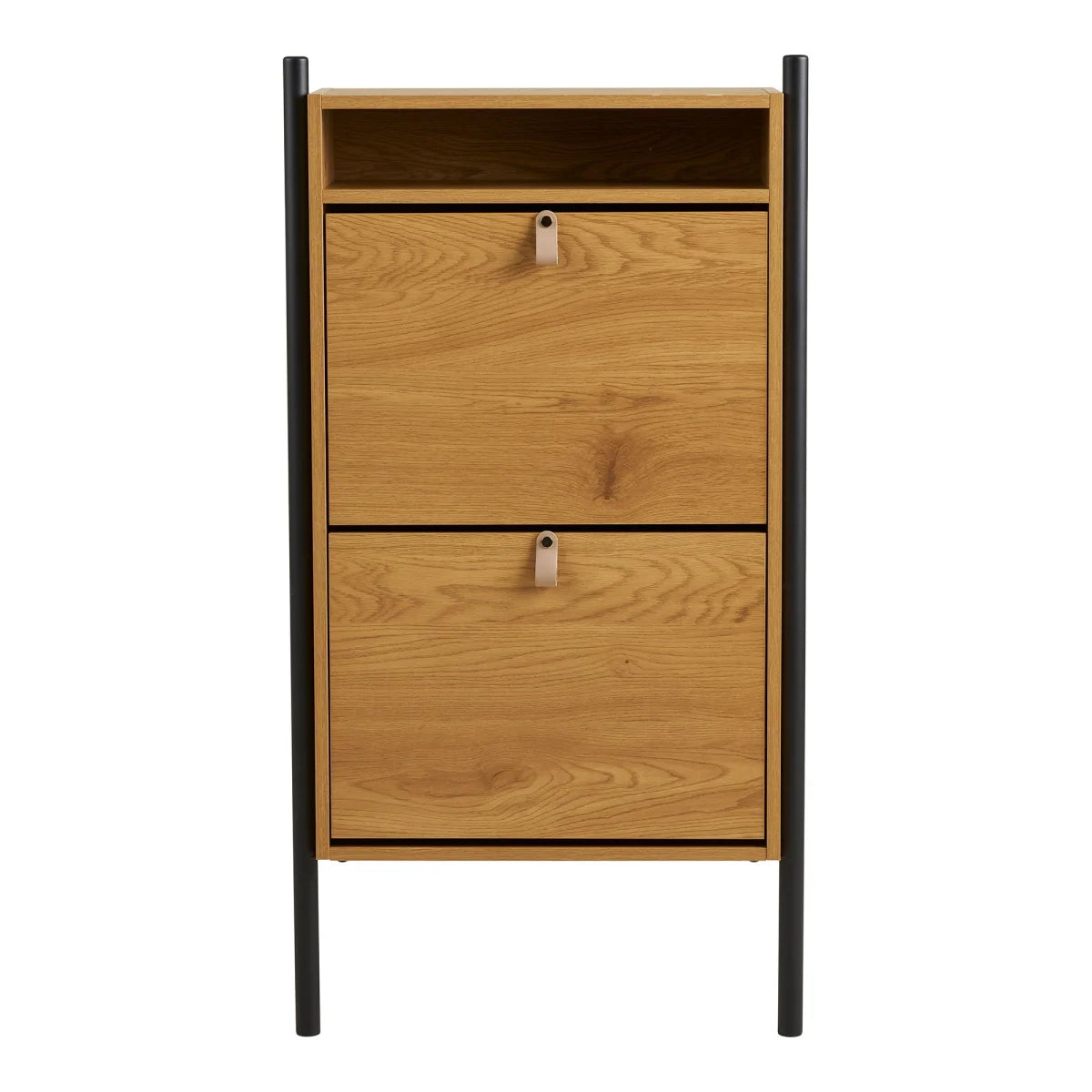 Table de nuit moderne en chêne fini avec 2 tiroirs, pieds métal noir et poignées cuir