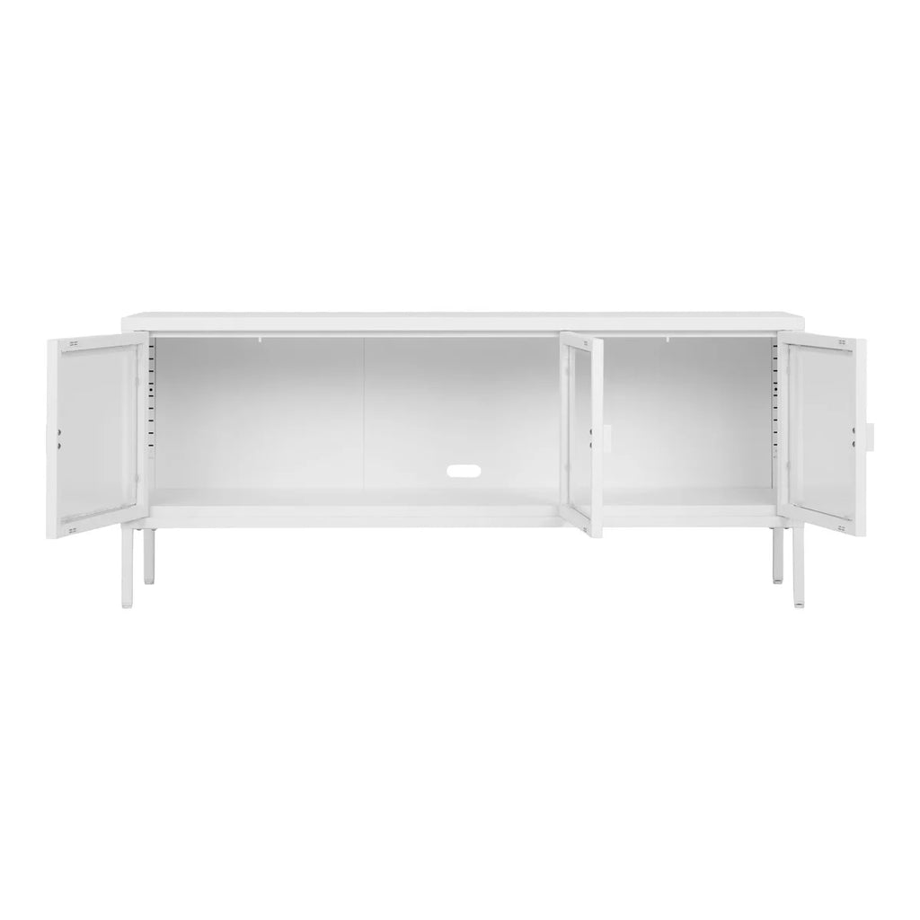 Meuble TV blanc minimaliste en métal, 3 portes vitrées, 130x40 cm