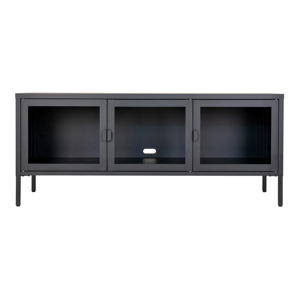 Meuble TV métal noir 3 portes vitrées design minimaliste 130x40 cm