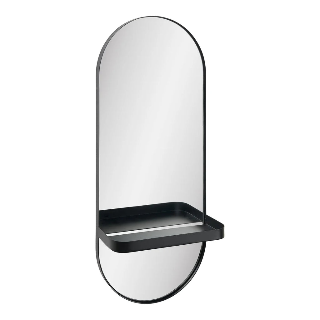 Miroir mural noir en métal ovale avec étagère intégrée, 25x12 cm