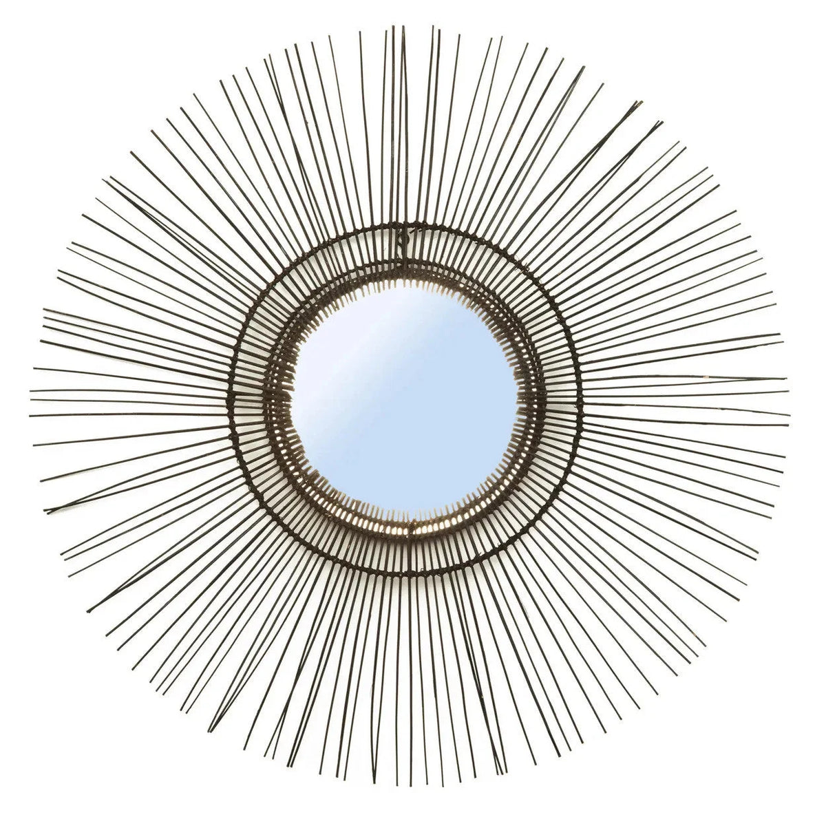 Miroir rond en rotin noir 85 cm style années 70 avec cadre épineux soleil