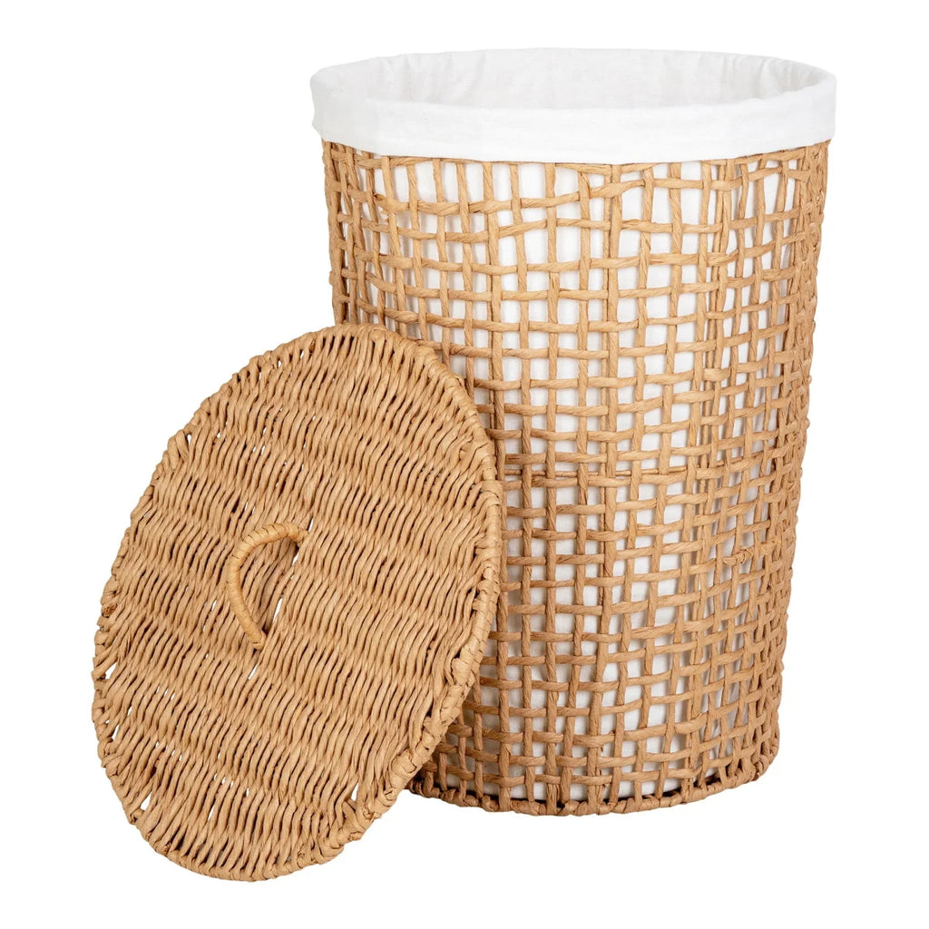 Panier à linge en osier naturel tissé beige et blanc, ø42x56 cm