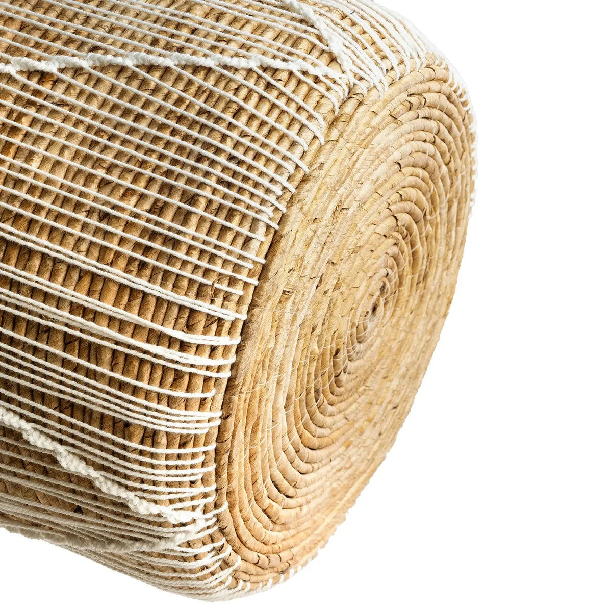 Panier en macramé cylindrique en jonc de mer naturel et blanc avec poignées – H45 cm